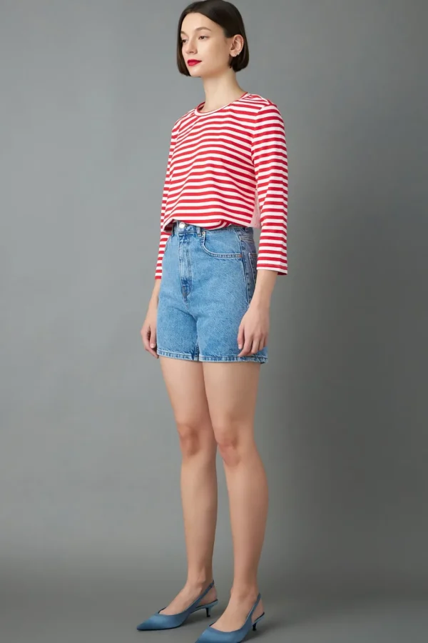 ENGLISH FACTORY Tops*- Eyelet Combo Striped Top RED