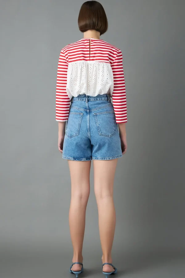 ENGLISH FACTORY Tops*- Eyelet Combo Striped Top RED