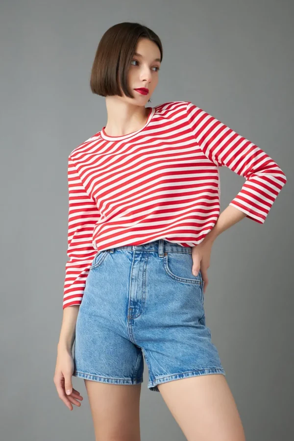 ENGLISH FACTORY Tops*- Eyelet Combo Striped Top RED