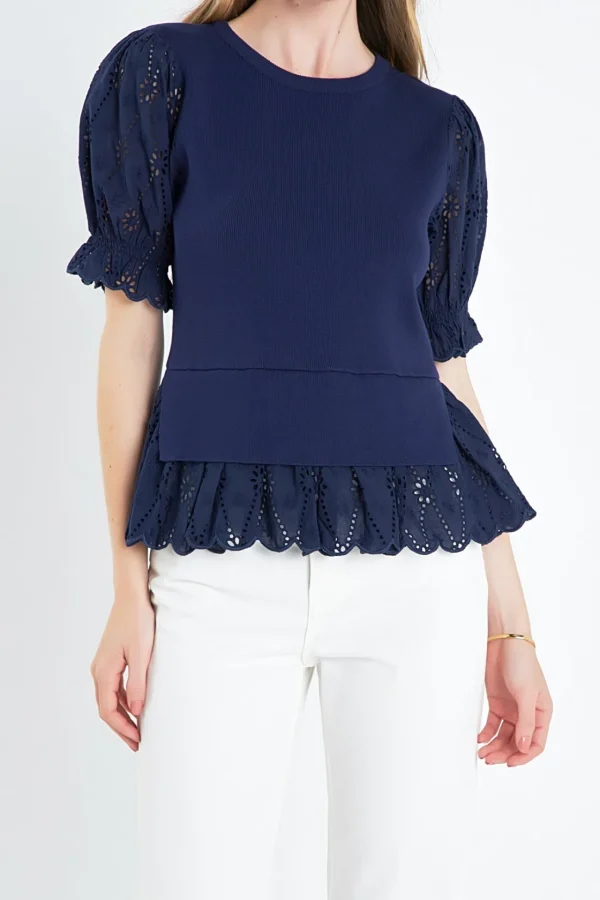 ENGLISH FACTORY Tops*- Eyelet Mixed Media Knit Top
