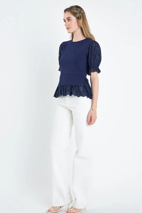ENGLISH FACTORY Tops*- Eyelet Mixed Media Knit Top