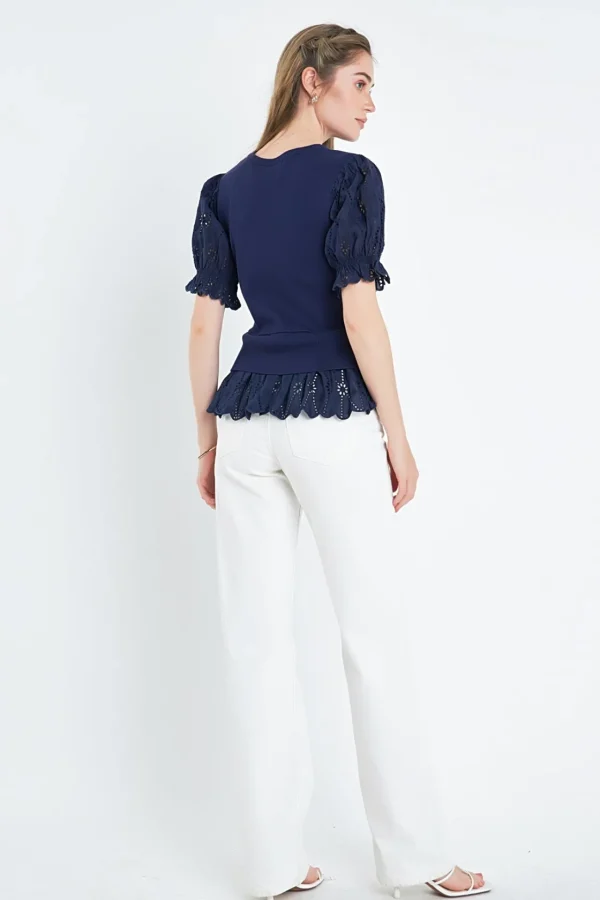ENGLISH FACTORY Tops*- Eyelet Mixed Media Knit Top