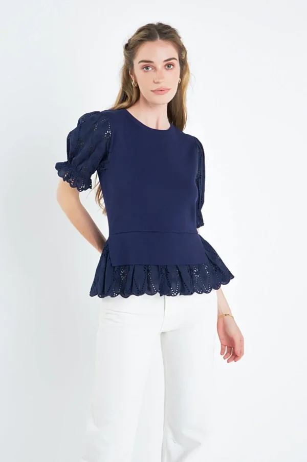 ENGLISH FACTORY Tops*- Eyelet Mixed Media Knit Top