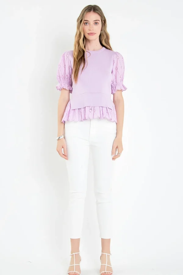 ENGLISH FACTORY Tops*- Eyelet Mixed Media Knit Top
