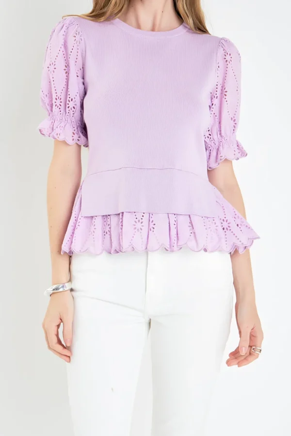 ENGLISH FACTORY Tops*- Eyelet Mixed Media Knit Top