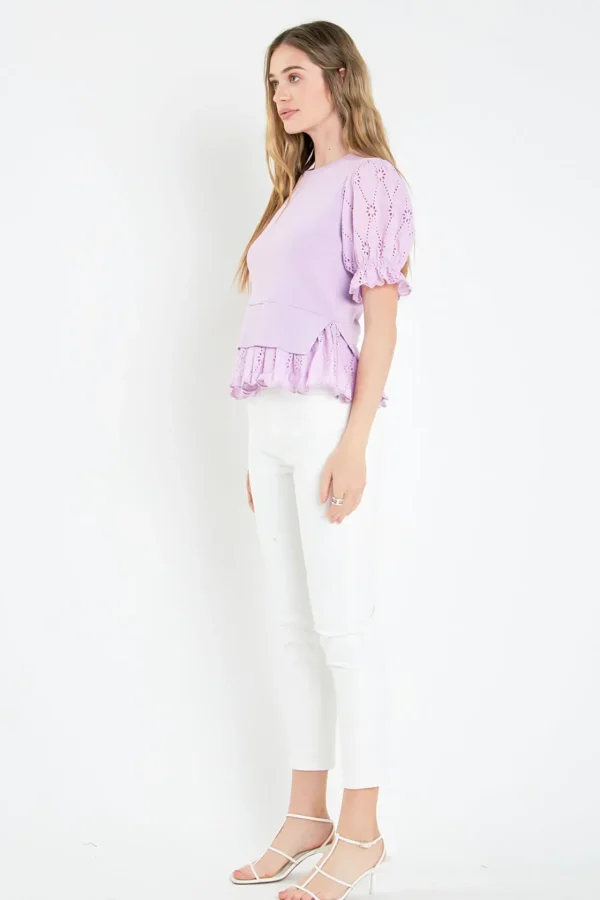 ENGLISH FACTORY Tops*- Eyelet Mixed Media Knit Top