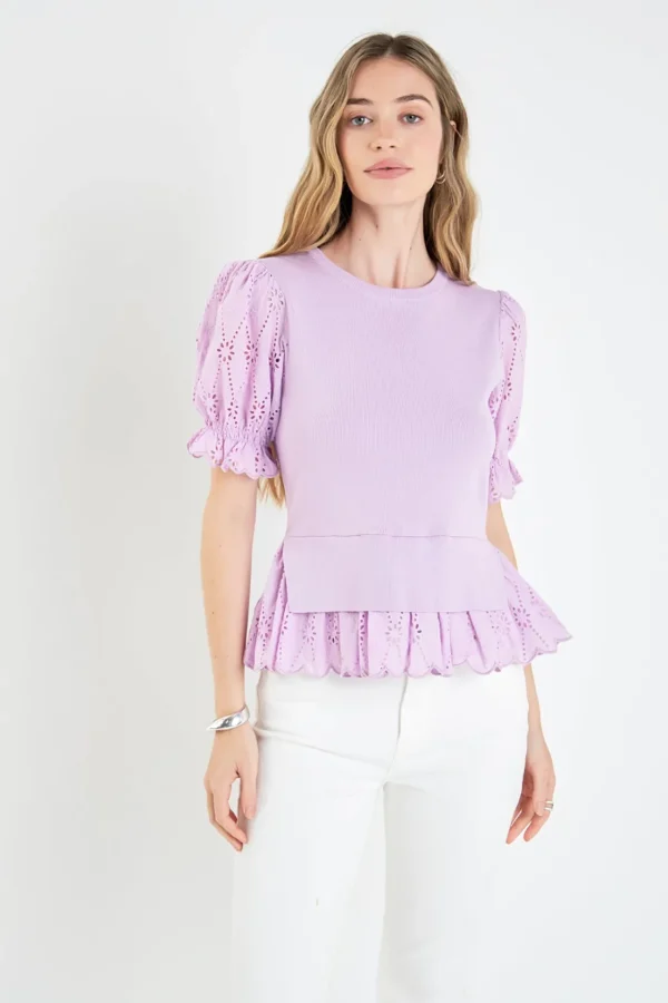 ENGLISH FACTORY Tops*- Eyelet Mixed Media Knit Top
