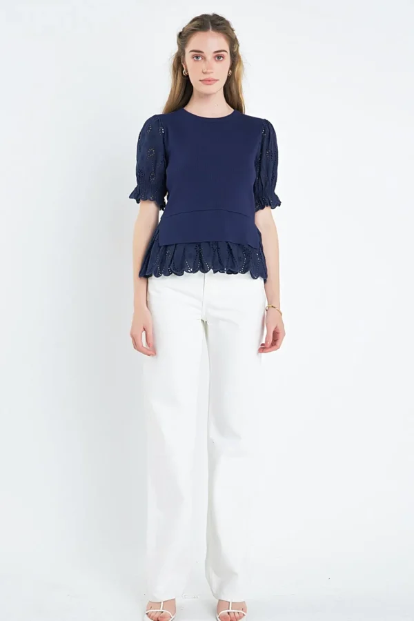 ENGLISH FACTORY Tops*- Eyelet Mixed Media Knit Top