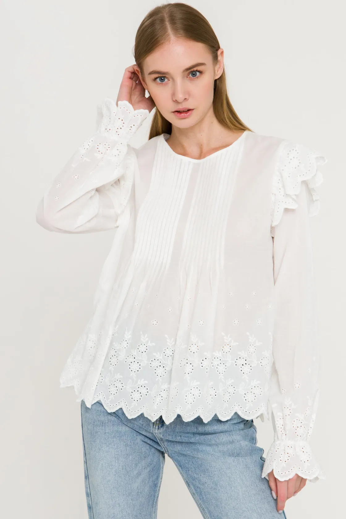 english_factory__eyelet_p_3.webp ENGLISH FACTORY Shirts & Blouses*- Eyelet Pintuck Blouse WHITE