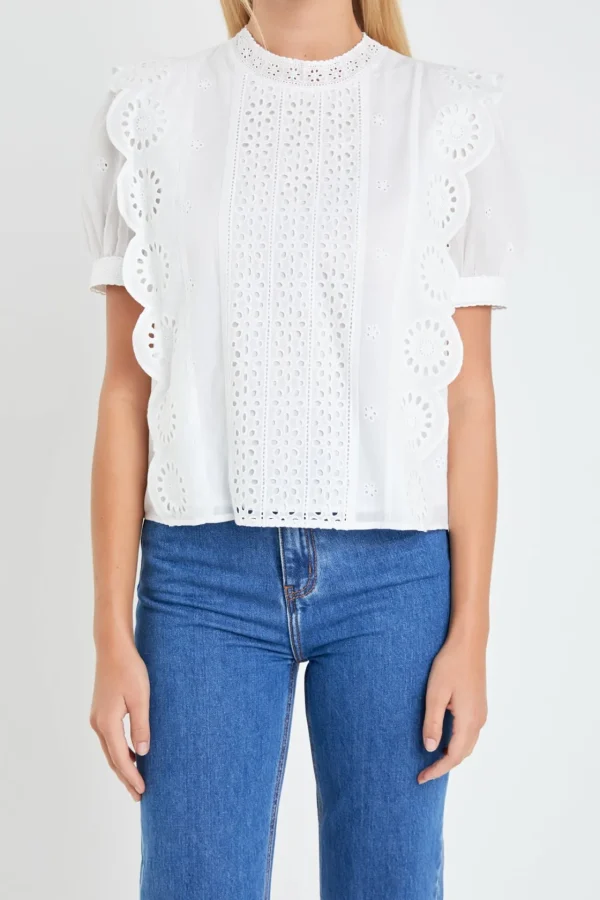 ENGLISH FACTORY Tops*- Eyelet Short Sleeve Top WHITE