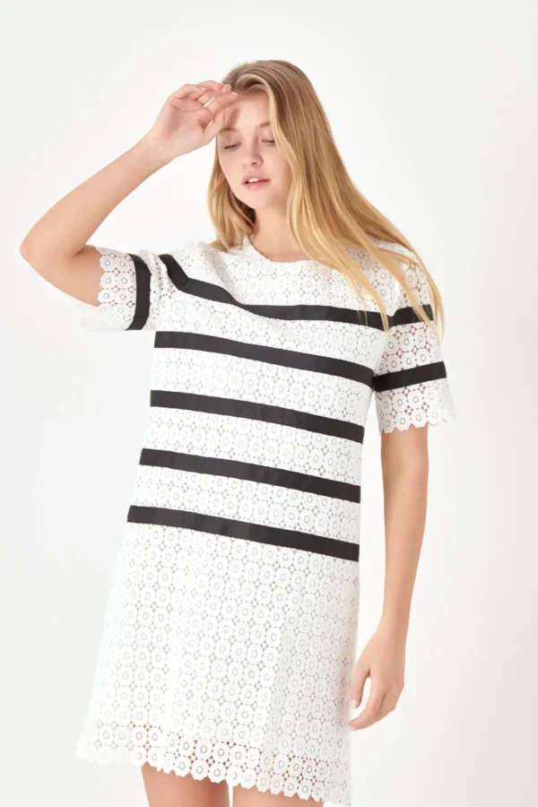 ENGLISH FACTORY White Dresses | Tops*- Eyelet Striped Shift Dress WHITE/BLACK