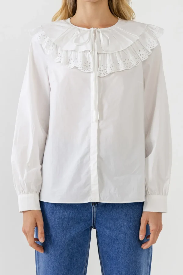 ENGLISH FACTORY Tops*- Eyelet Scallop Detail Shirt WHITE