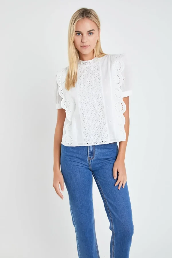 ENGLISH FACTORY Tops*- Eyelet Short Sleeve Top WHITE