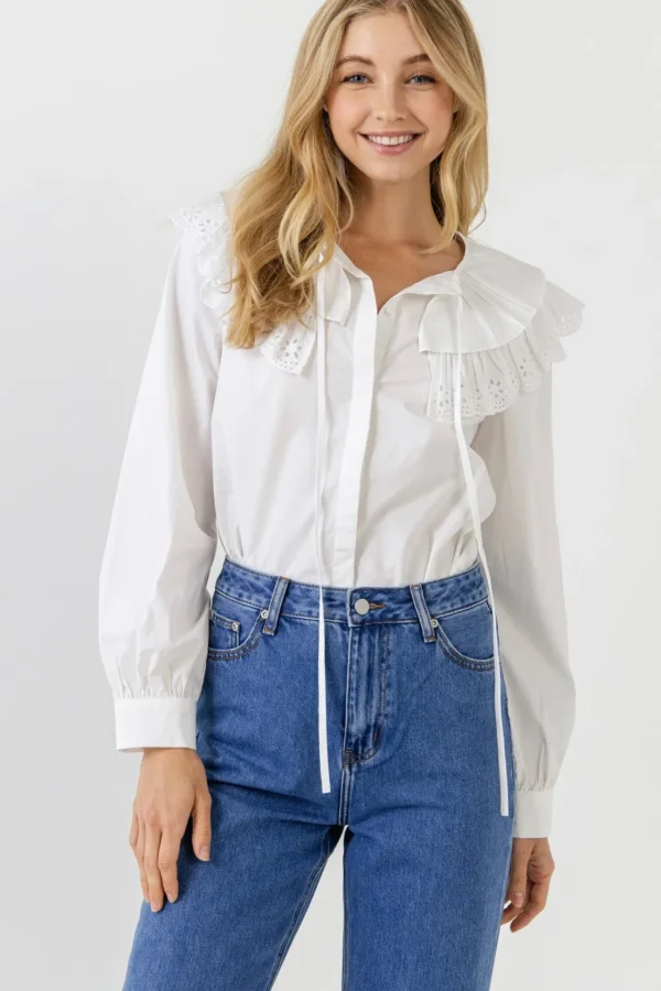 ENGLISH FACTORY Tops*- Eyelet Scallop Detail Shirt WHITE
