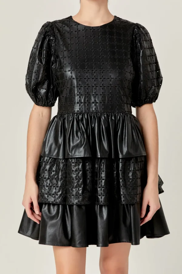 ENGLISH FACTORY Leather Dresses | Tops*- Faux Leather Embroidered Mini Dress BLACK