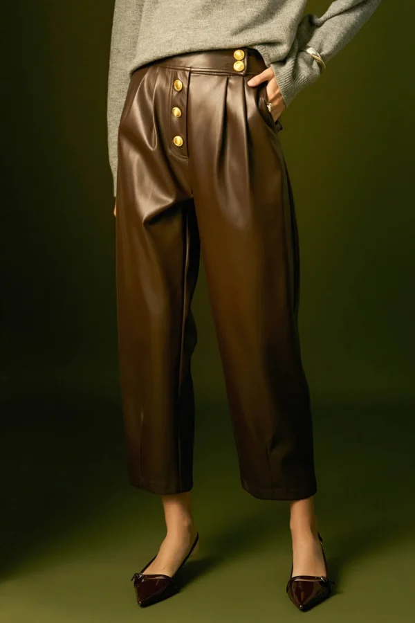 ENGLISH FACTORY Pants | Tops*- Faux Leather Trousers DARKBROWN