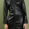 ENGLISH FACTORY Leather Dresses | Little Black Dress*- Faux Leather Cinched Mini Dress BLACK