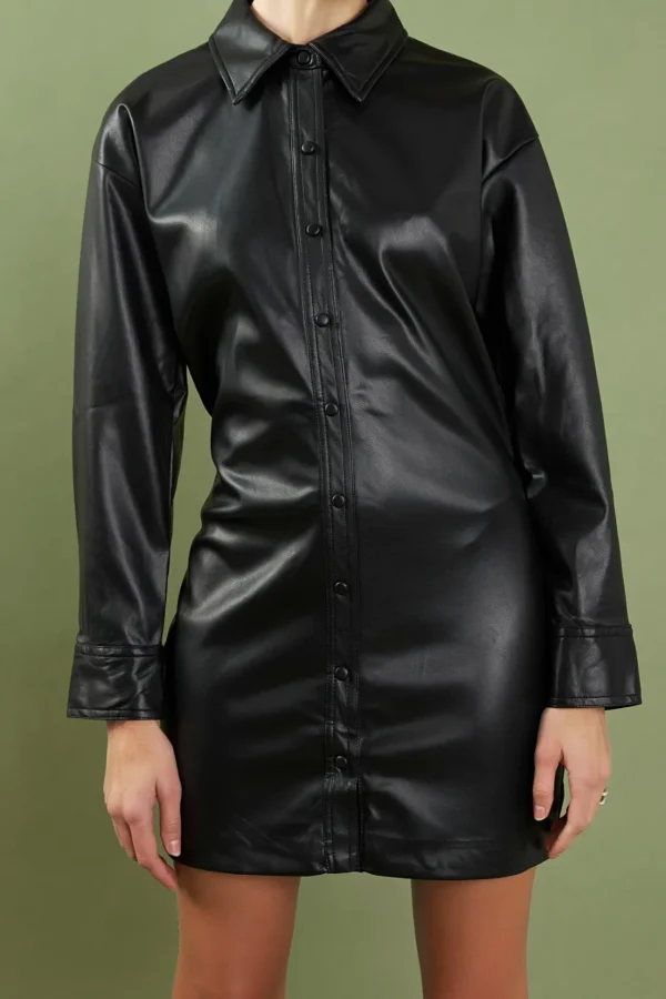 ENGLISH FACTORY Leather Dresses | Little Black Dress*- Faux Leather Cinched Mini Dress BLACK