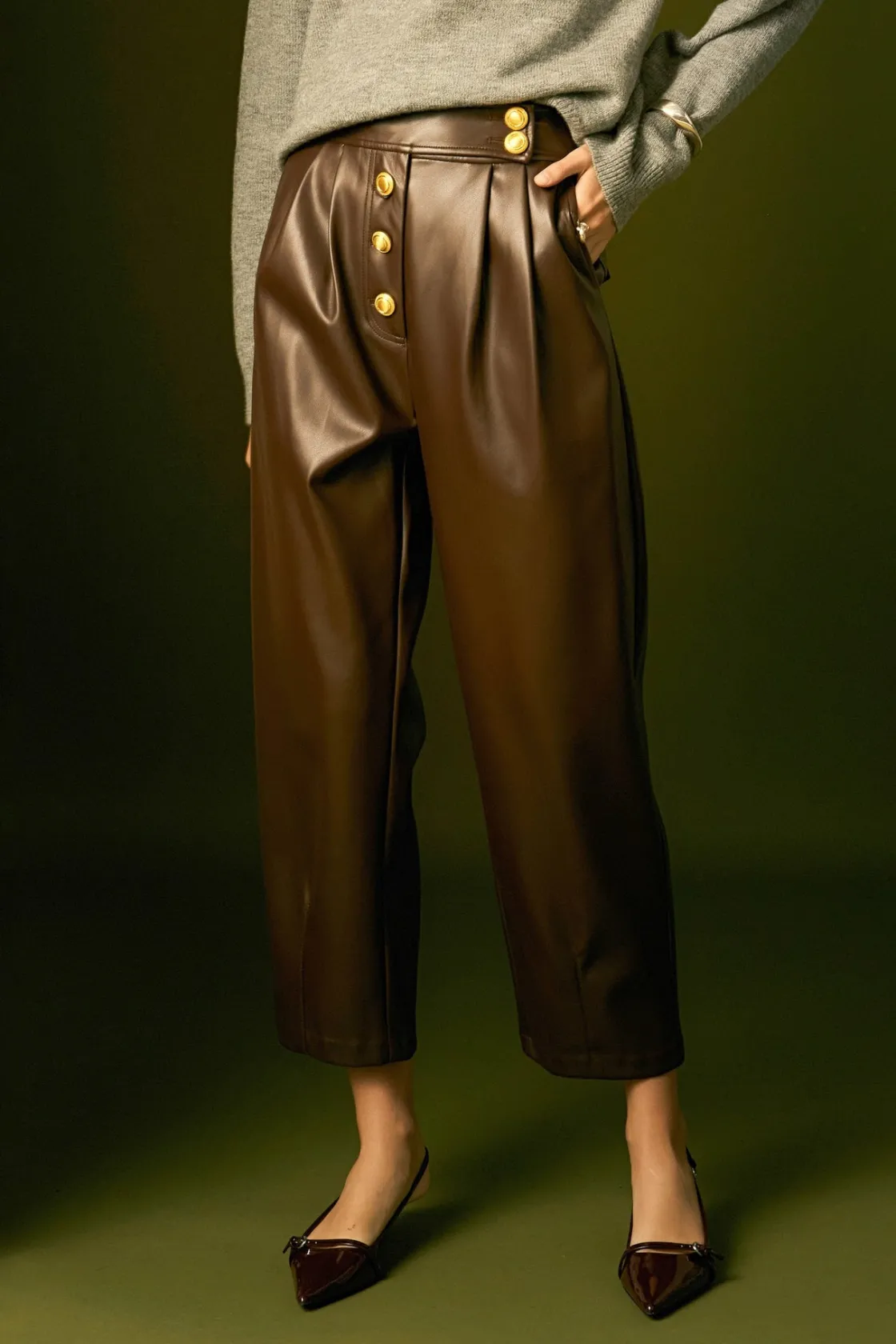 english_factory__faux_lea_0.webp ENGLISH FACTORY Pants | Tops*- Faux Leather Trousers DARKBROWN