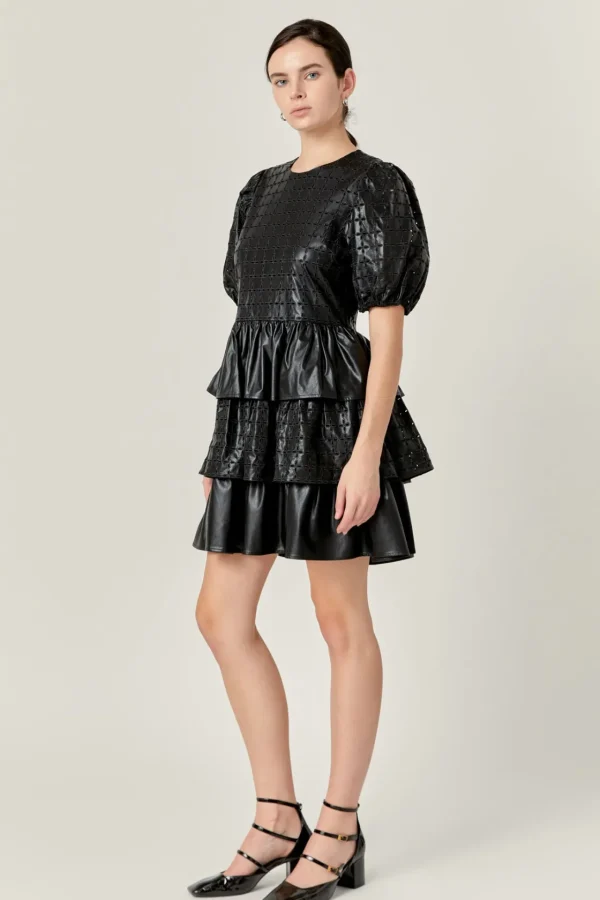ENGLISH FACTORY Leather Dresses | Tops*- Faux Leather Embroidered Mini Dress BLACK