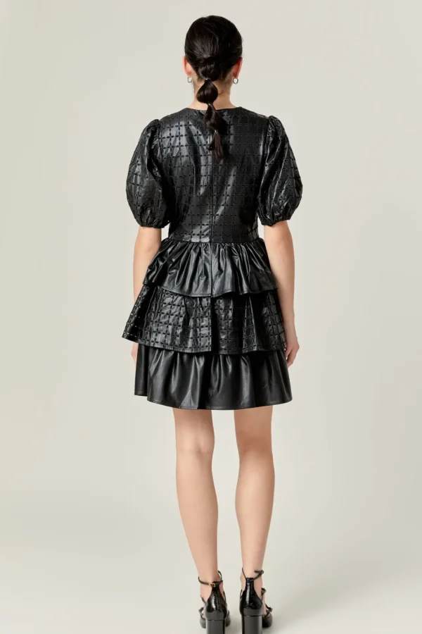 ENGLISH FACTORY Leather Dresses | Tops*- Faux Leather Embroidered Mini Dress BLACK