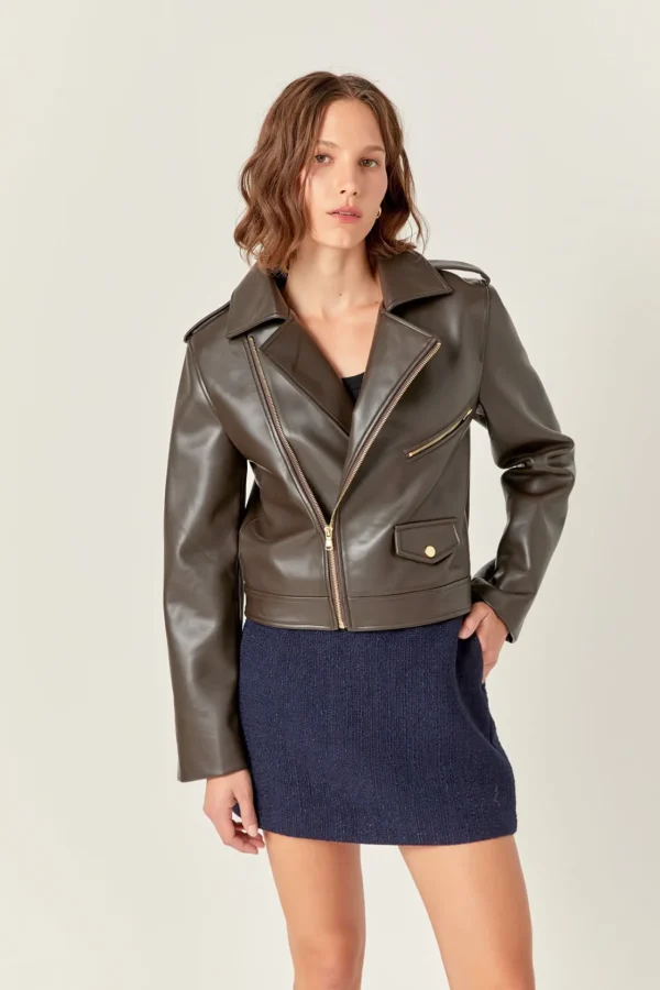 ENGLISH FACTORY Matching Sets | Jackets & Coats*- Faux Leather Biker Jacket DARKBROWN