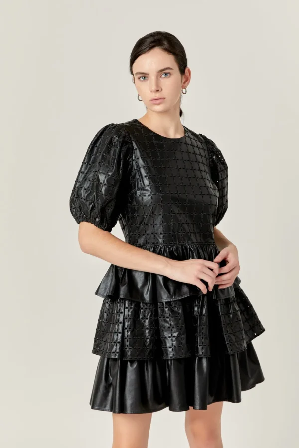 ENGLISH FACTORY Leather Dresses | Tops*- Faux Leather Embroidered Mini Dress BLACK