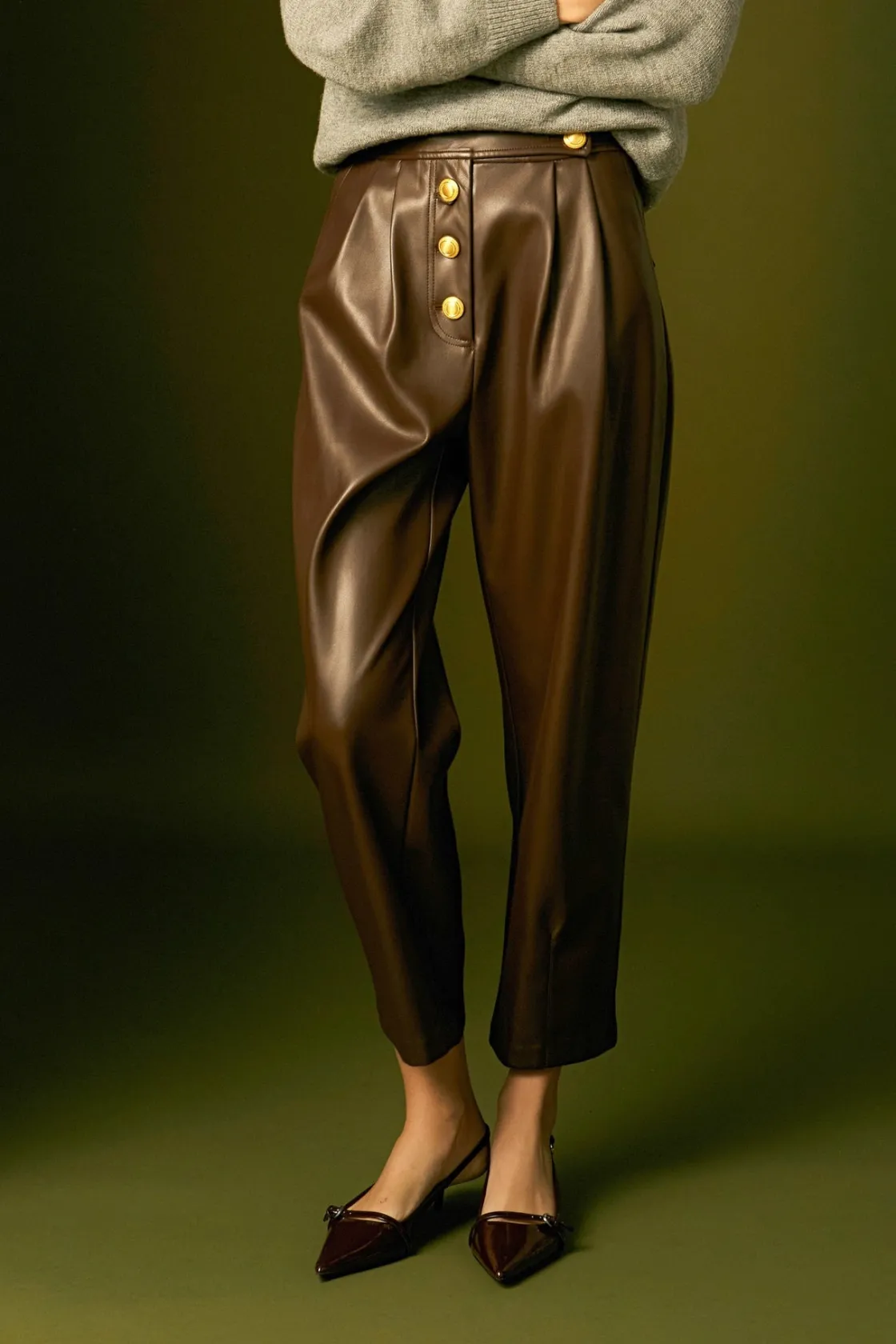 english_factory__faux_lea_3.webp ENGLISH FACTORY Pants | Tops*- Faux Leather Trousers DARKBROWN