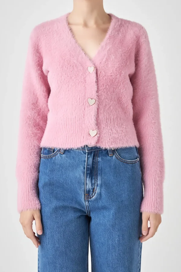 ENGLISH FACTORY Sweaters & Knits | Tops*- Feathered Plush Heart Buttoned Cardigan