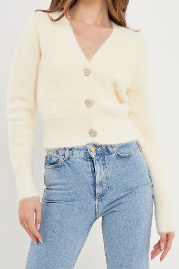 ENGLISH FACTORY Sweaters & Knits | Tops*- Feathered Plush Heart Buttoned Cardigan