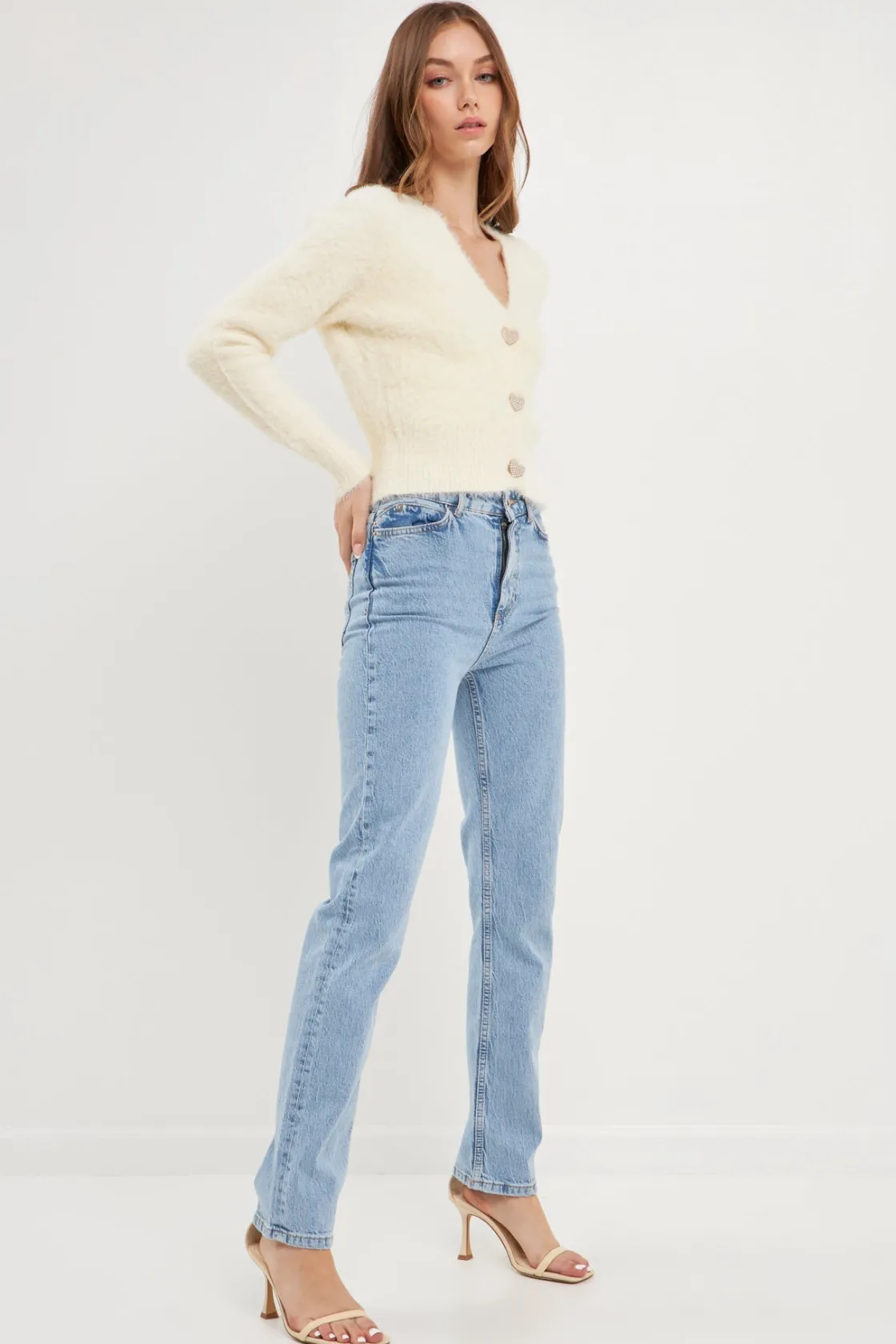 english_factory__feathere_11.webp ENGLISH FACTORY Sweaters & Knits | Tops*- Feathered Plush Heart Buttoned Cardigan