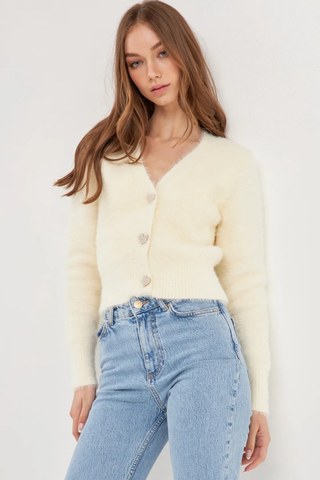 english_factory__feathere_13.webp ENGLISH FACTORY Sweaters & Knits | Tops*- Feathered Plush Heart Buttoned Cardigan