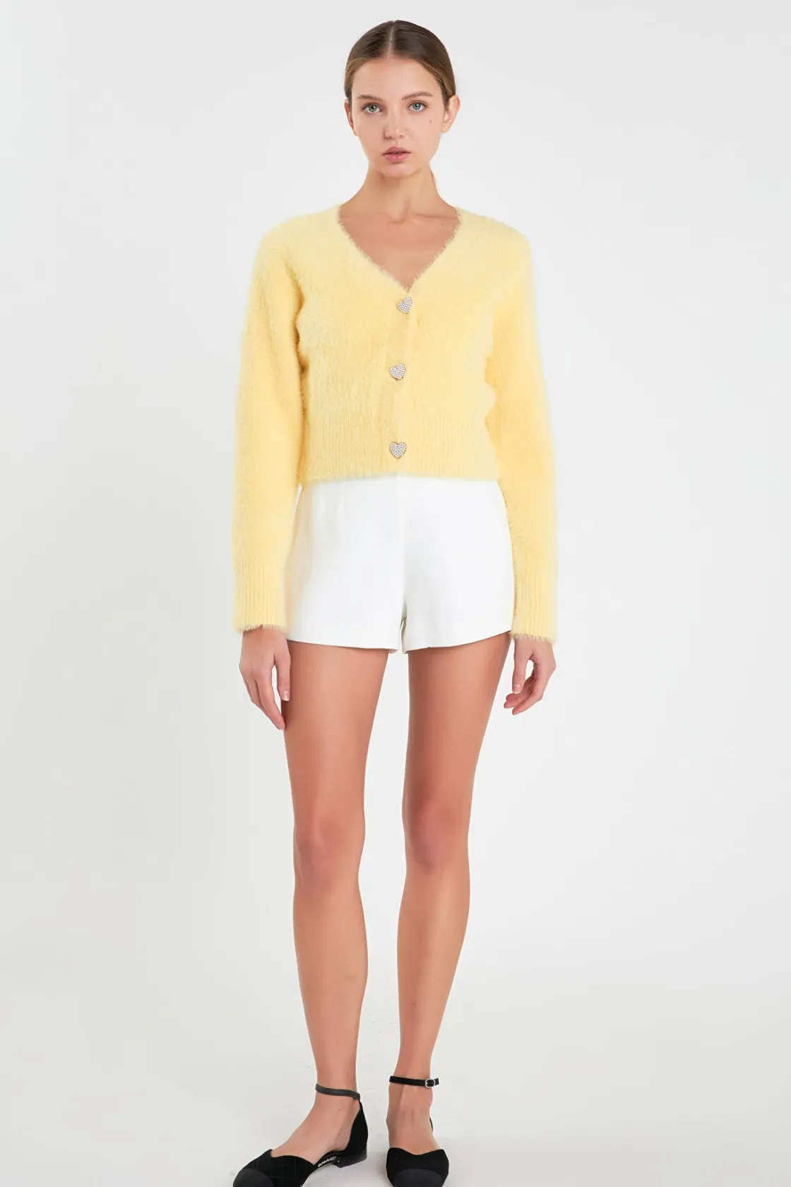 english_factory__feathere_14.webp ENGLISH FACTORY Sweaters & Knits | Tops*- Feathered Plush Heart Buttoned Cardigan