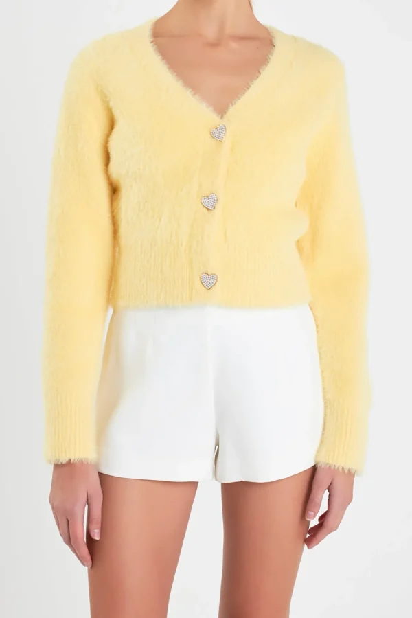 ENGLISH FACTORY Sweaters & Knits | Tops*- Feathered Plush Heart Buttoned Cardigan