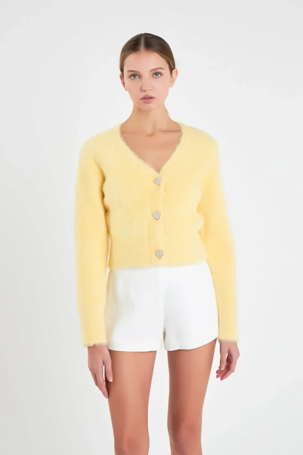 ENGLISH FACTORY Sweaters & Knits | Tops*- Feathered Plush Heart Buttoned Cardigan