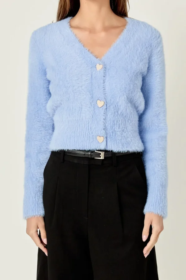ENGLISH FACTORY Sweaters & Knits | Tops*- Feathered Plush Heart Buttoned Cardigan