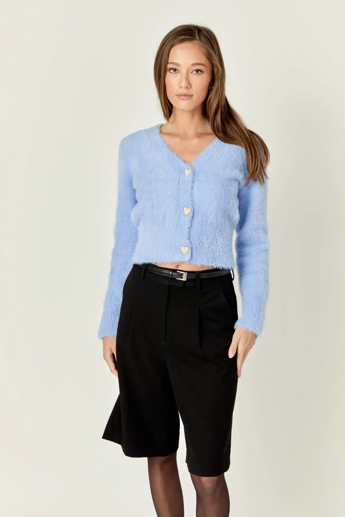 english_factory__feathere_23.webp ENGLISH FACTORY Sweaters & Knits | Tops*- Feathered Plush Heart Buttoned Cardigan