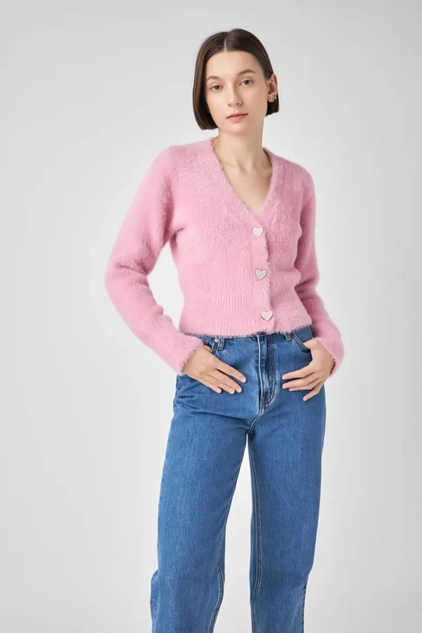 ENGLISH FACTORY Sweaters & Knits | Tops*- Feathered Plush Heart Buttoned Cardigan
