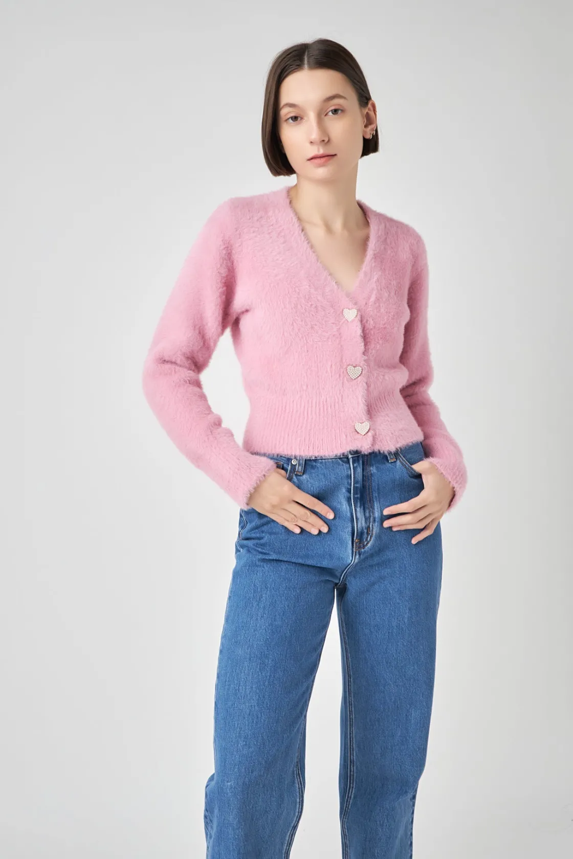 english_factory__feathere_3.webp ENGLISH FACTORY Sweaters & Knits | Tops*- Feathered Plush Heart Buttoned Cardigan