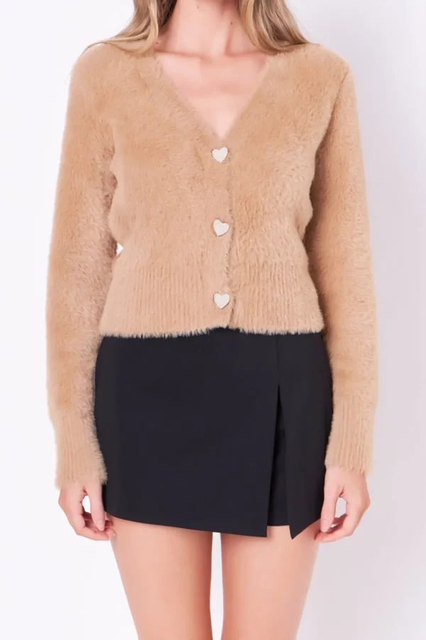 ENGLISH FACTORY Sweaters & Knits | Tops*- Feathered Plush Heart Buttoned Cardigan