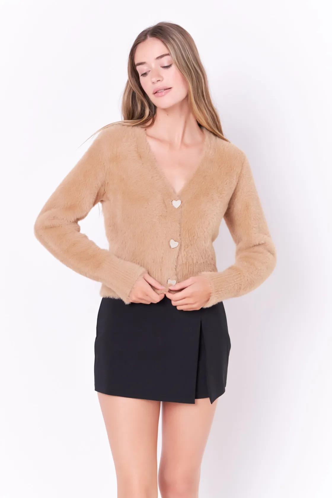 english_factory__feathere_8.webp ENGLISH FACTORY Sweaters & Knits | Tops*- Feathered Plush Heart Buttoned Cardigan