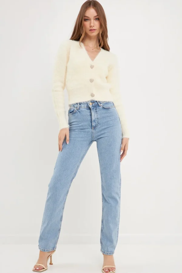 ENGLISH FACTORY Sweaters & Knits | Tops*- Feathered Plush Heart Buttoned Cardigan