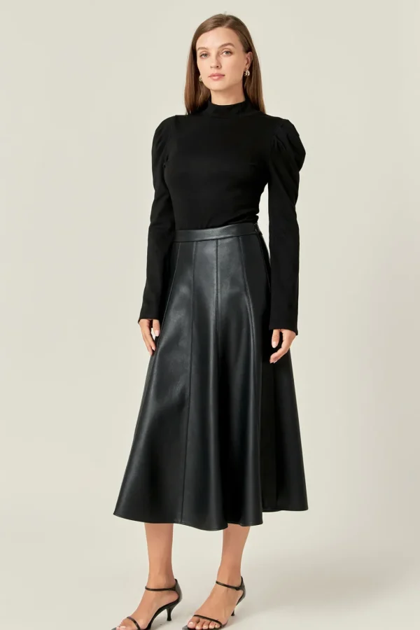 ENGLISH FACTORY Skirts | Tops*- Flare Faux Leather Midi Skirt BLACK