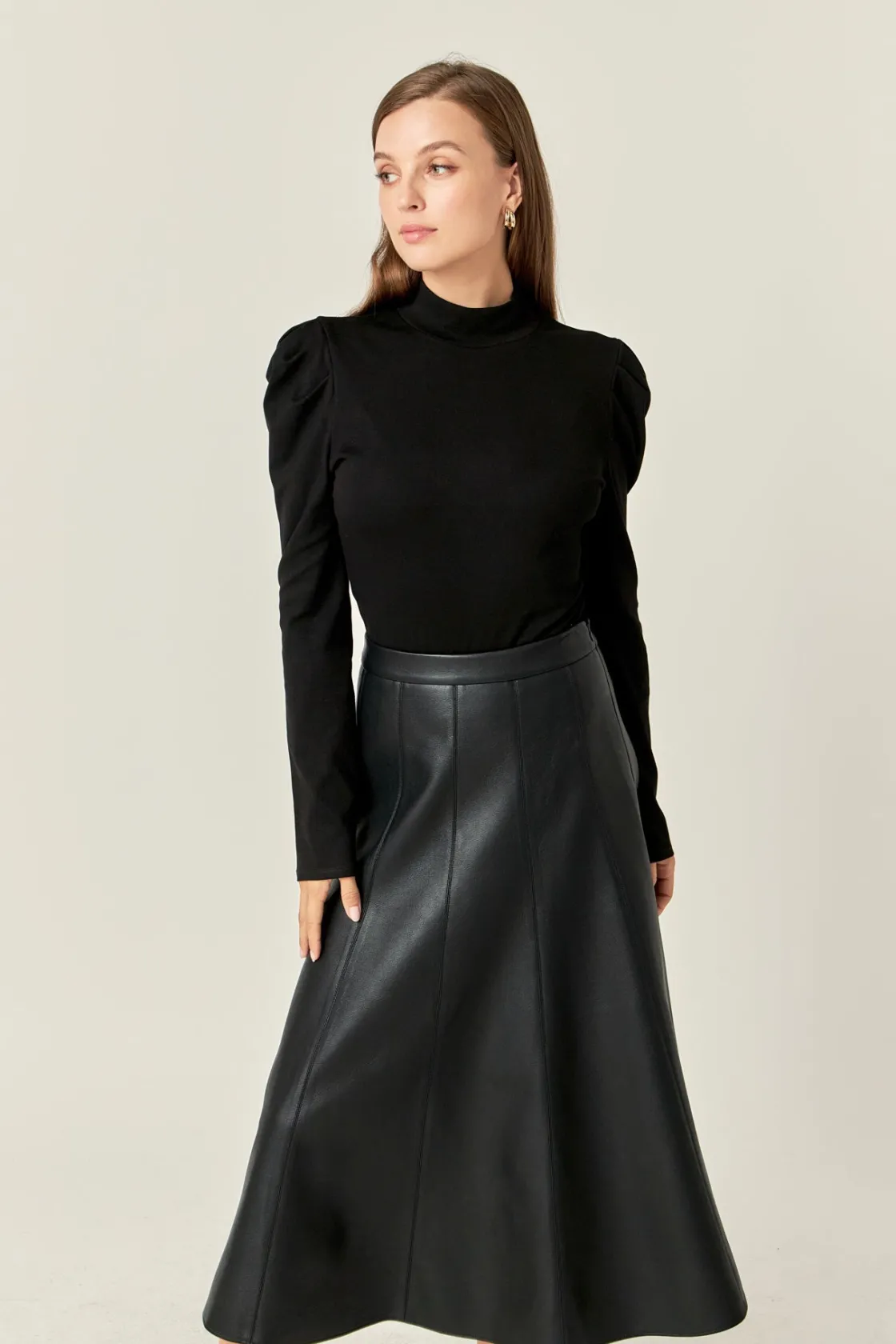 english_factory__flare_fa_3.webp ENGLISH FACTORY Skirts | Tops*- Flare Faux Leather Midi Skirt BLACK
