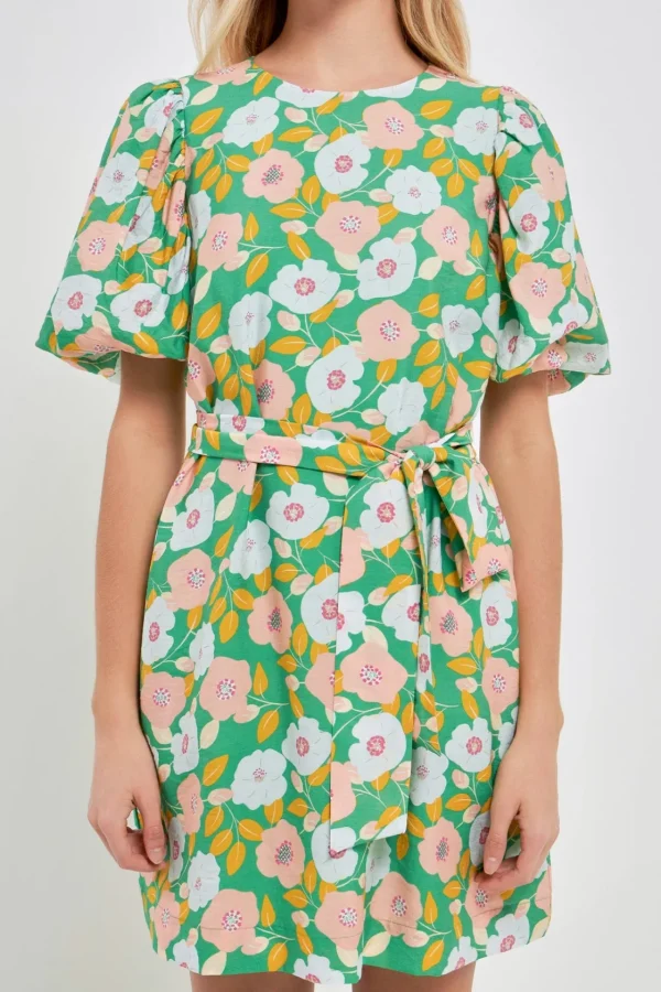 ENGLISH FACTORY Floral Dresses | Tops*- Floral belted Puff Sleeve Mini Shift Dress GREEN