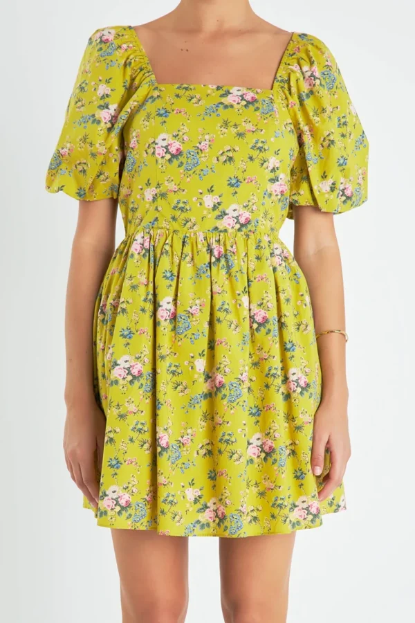 ENGLISH FACTORY Floral Dresses | Tops*- Floral Back Cutout Mini Dress CELERY
