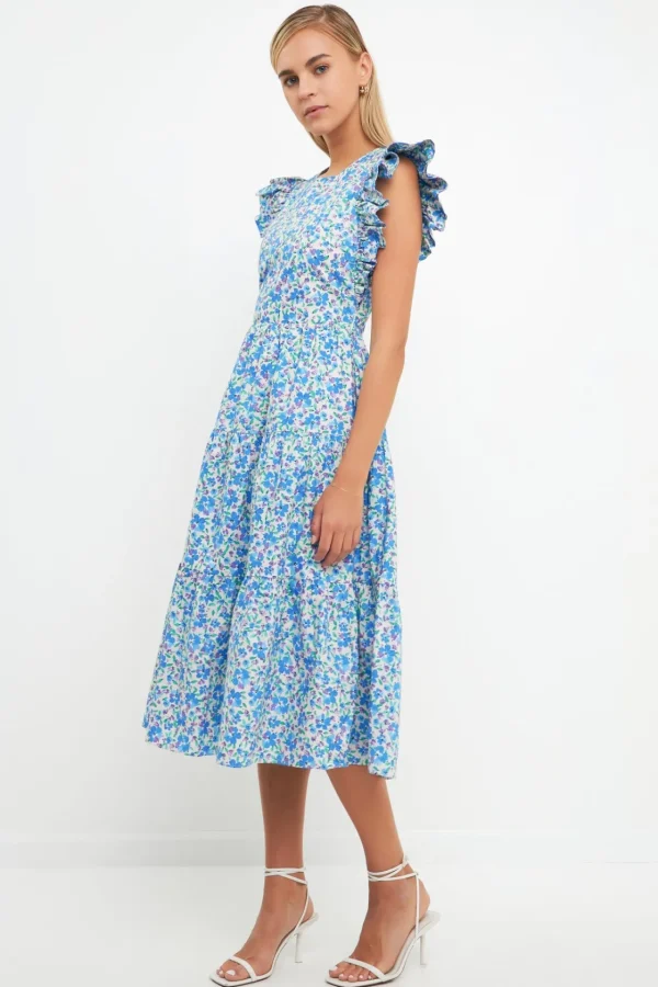 ENGLISH FACTORY Floral Dresses*- Floral Back Cut-out Midi Dress BLUEMULTI