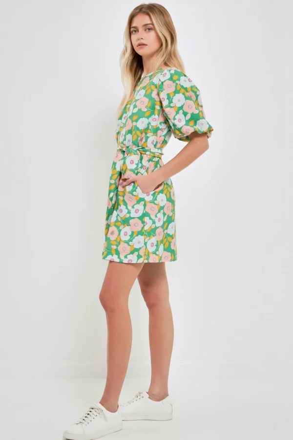 ENGLISH FACTORY Floral Dresses | Tops*- Floral belted Puff Sleeve Mini Shift Dress GREEN