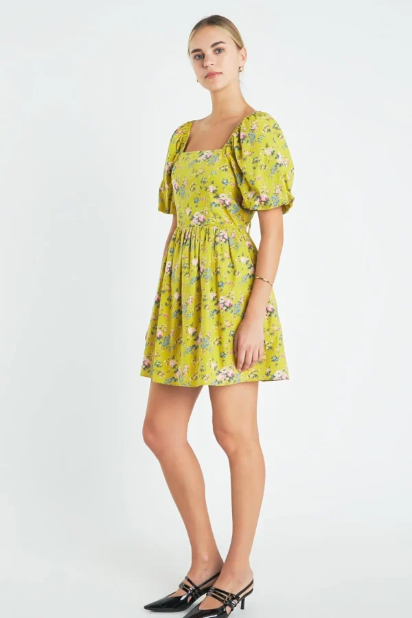 ENGLISH FACTORY Floral Dresses | Tops*- Floral Back Cutout Mini Dress CELERY