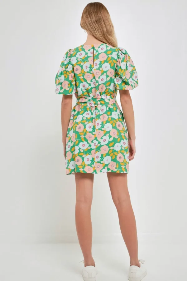 ENGLISH FACTORY Floral Dresses | Tops*- Floral belted Puff Sleeve Mini Shift Dress GREEN